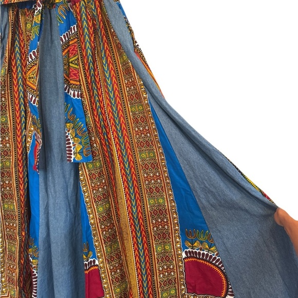 African Dashiki Maxi Skirt Festival Boho One Size Patchwork Denim & Ankara Print - Picture 5 of 6